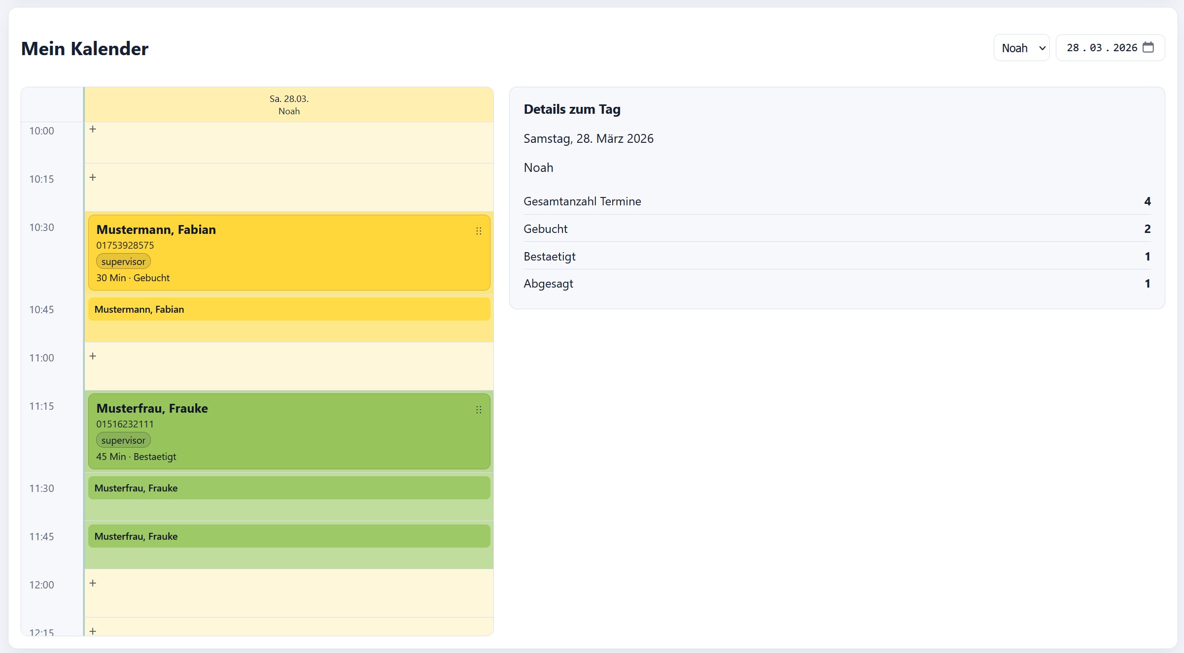 NoShowly: Ansicht Mein Kalender mit Tagesraster, Termin und Zusammenfassung Gebucht, Bestätigt, Abgesagt